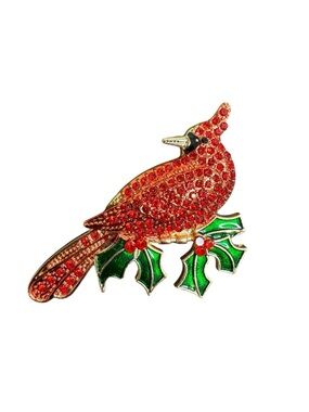 Red Cardinal Holiday Brooch with Green Holly Accents